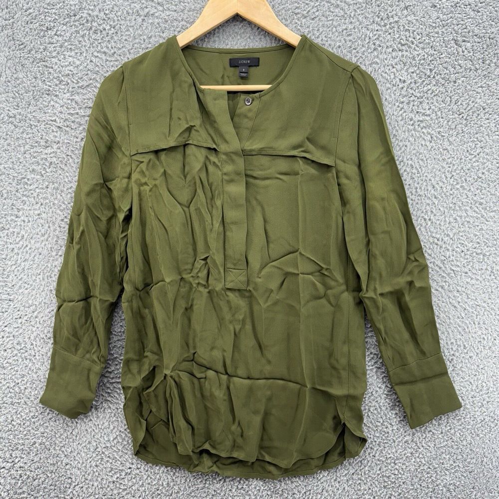 J. Crew 1/2 Button Oxford Shirt Size 2 Green Womens Blouse 100% Viscose L/S Top